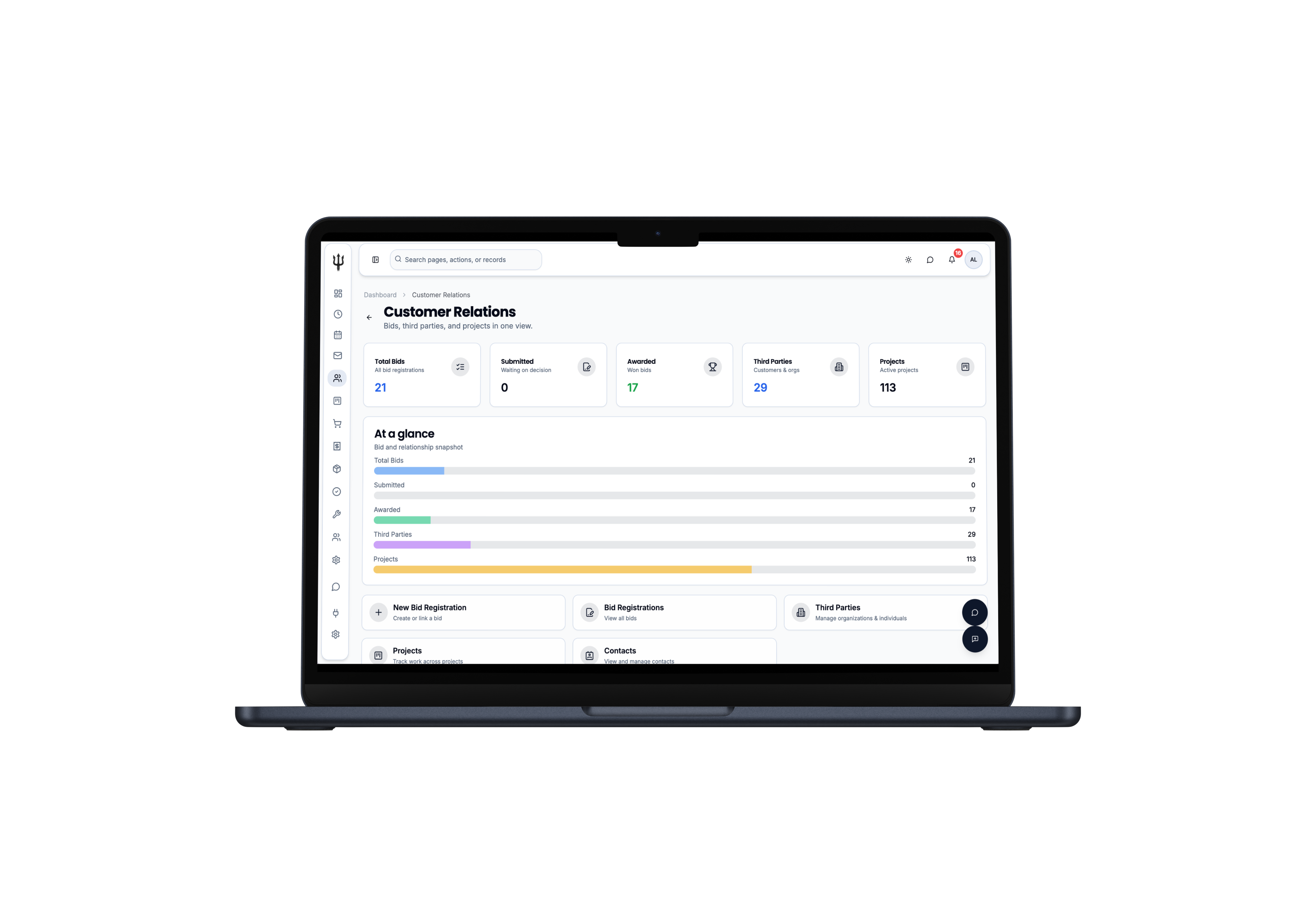 Poseidon CRM dashboard for customer relations